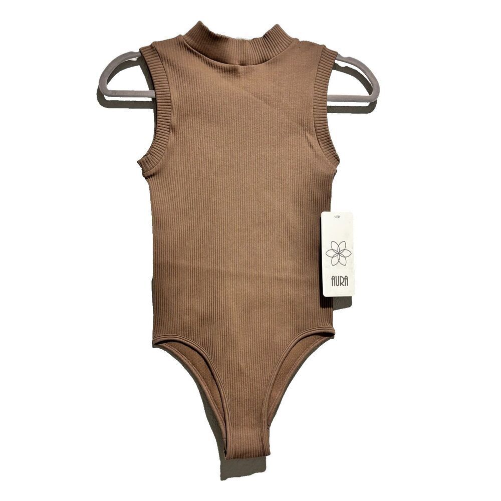Aura Women Bosysuit Heather‎ Brown M/L Stretch Ribbed Knitted Sleeveless neutral